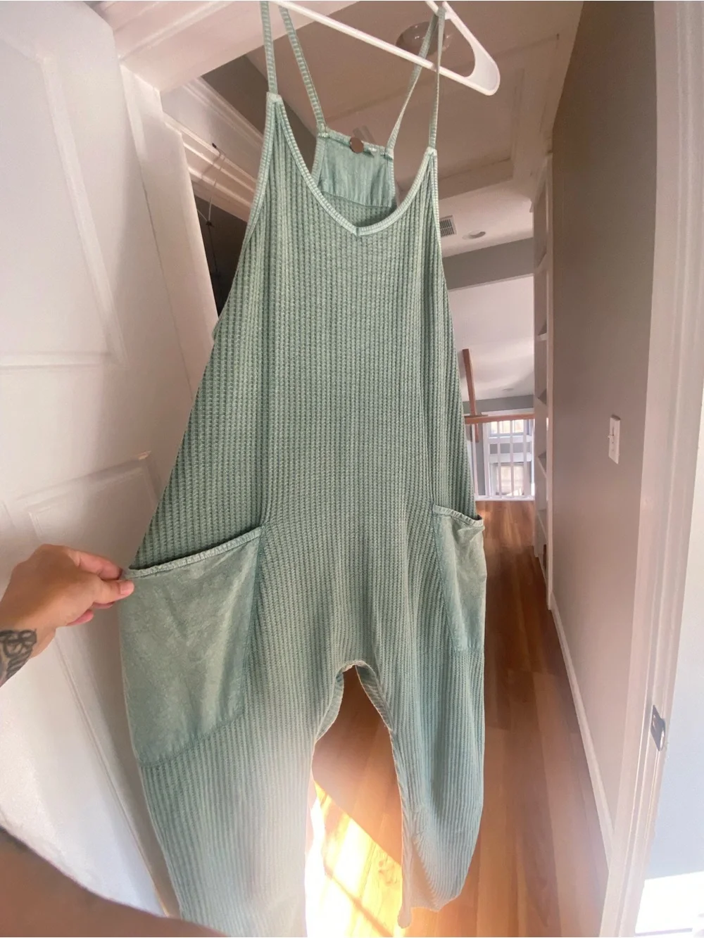 Free People like new Light Sage Green Waffle Knit Jumpsuit
